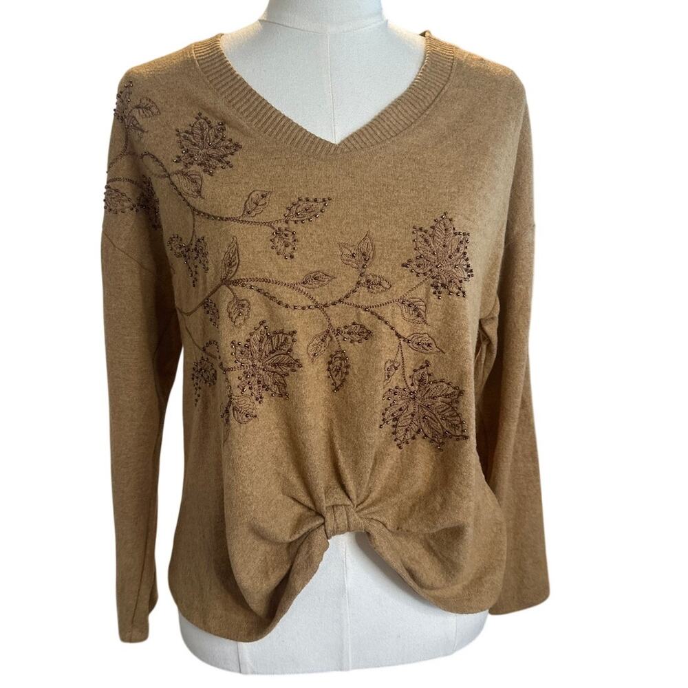 Democracy Boho Embroidered Twist‑Front Sweater – Petite Small (PS)